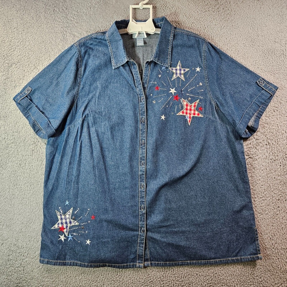 Liz & Me Denim Jeans Shirt Top Women‎ 2X 22 24 Button Up Short Sleeve Star